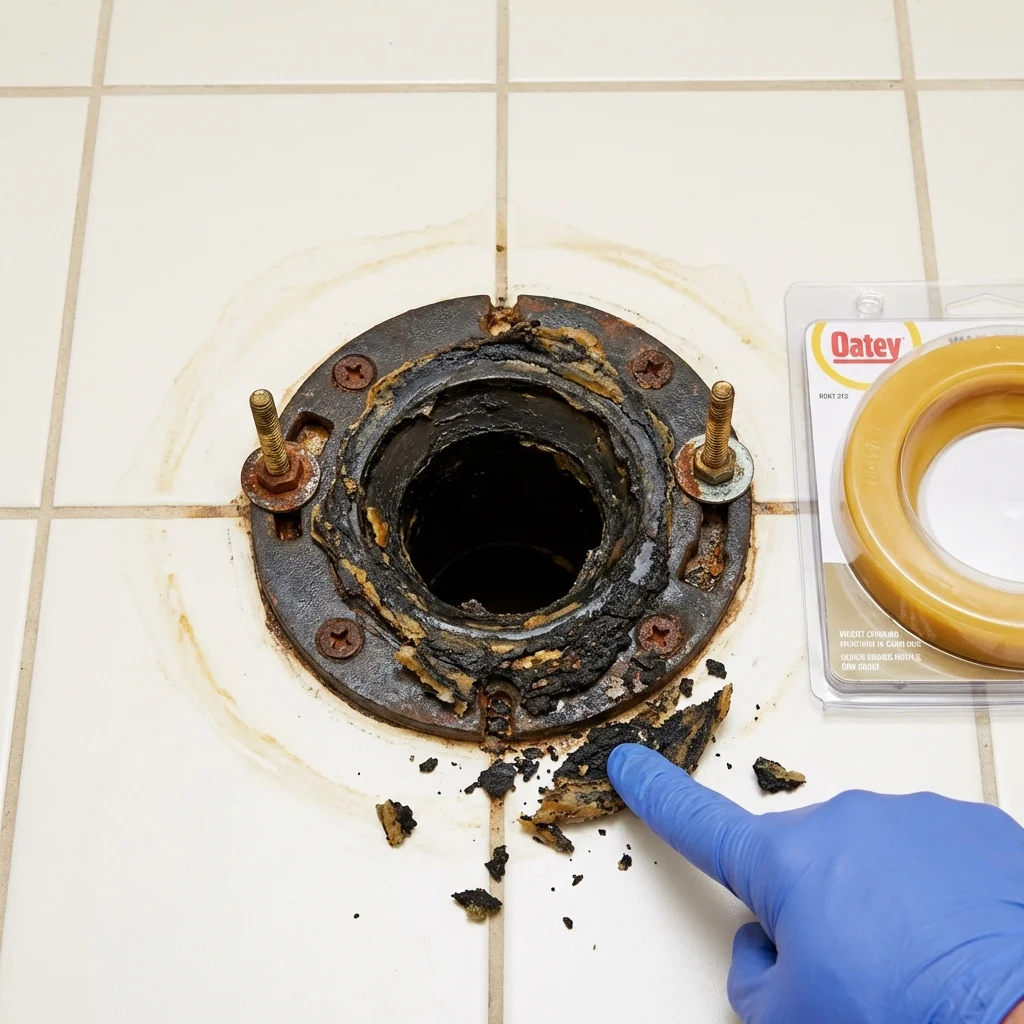 Failed wax ring showing water seepage at the base of a toilet in a Brownsville, OR home