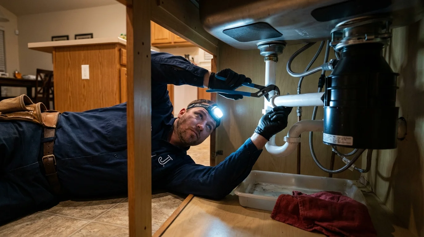 P-trap and supply line connections under a kitchen sink showing a common leak point in Brownsville, OR